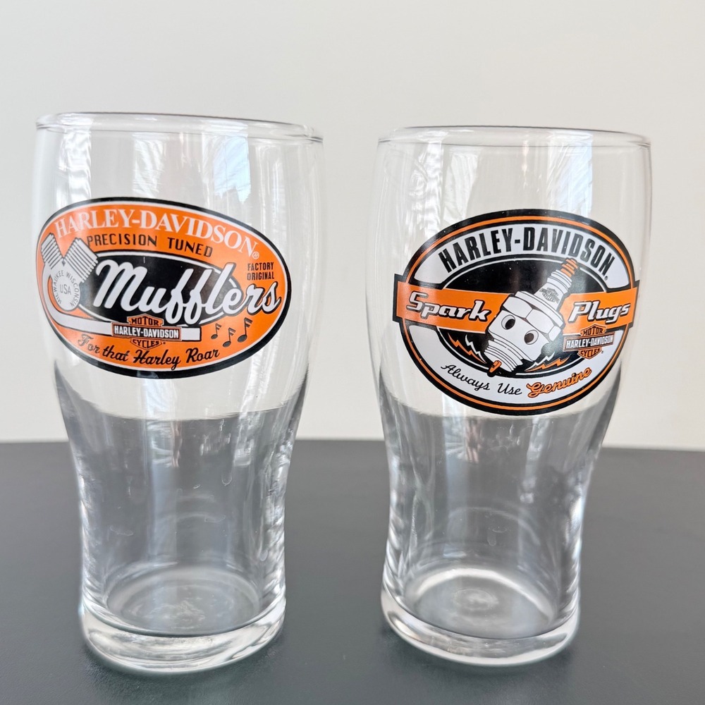 Harley-Davidson Pint Glass Set 16oz Clear Orange Mufflers Spark Plugs 2pc